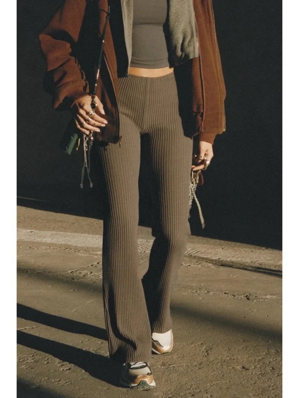 Joah Brown Fitted Mini Ribbed Mid-Rise Flare Pant in Army Luxe Knit